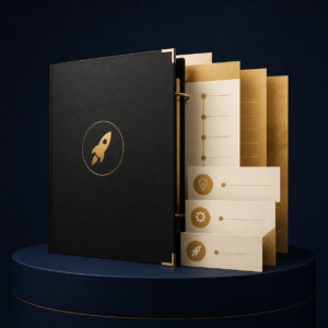 AI Product Launch System product mockup with gold launch documents and strategic milestone cards
