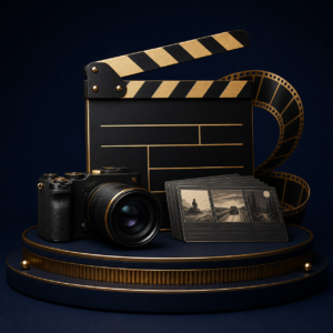 AI Video Creation System cinematic product mockup with camera, slate, storyboard cards, and film strip